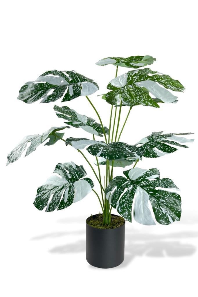 Yapay Çiçek Saksıda Monstera Yeşil Beyaz Deve Tabanı 12Dal 70cm Salon Çiçeği Yapay Bitki