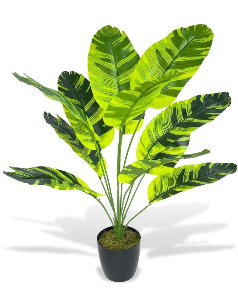 Yapay Çiçek Saksıda Muz Desenli Yapraklı 12Dal 60cm Salon Çiçeği Yapay Bitki
