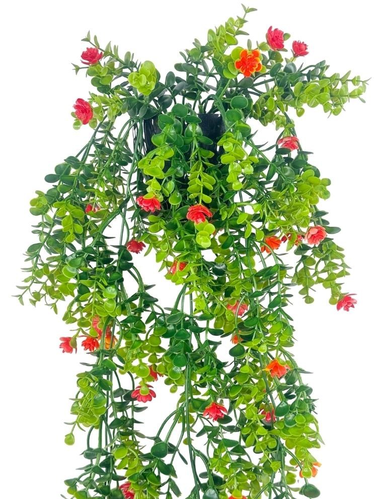 Yapay Çiçek Saksıda Sarkan Kırmızı Mineli Şimşir Okaliptus Yapay Sarmaşık 60cm