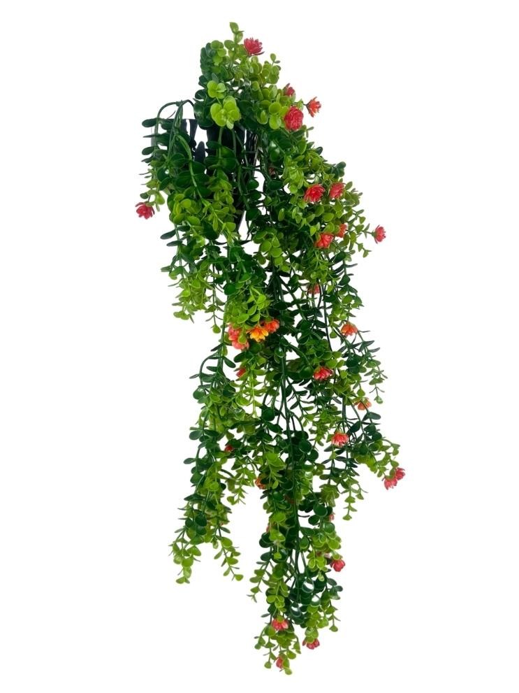 Yapay Çiçek Saksıda Sarkan Kırmızı Mineli Şimşir Okaliptus Yapay Sarmaşık 60cm