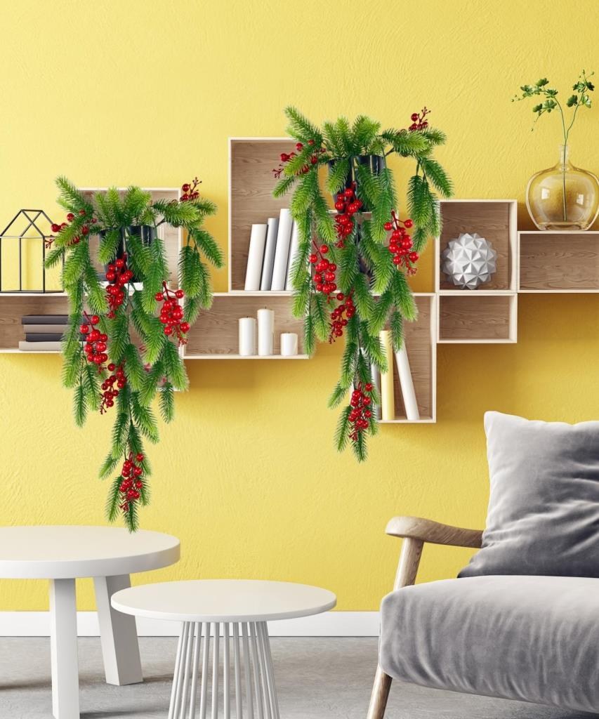 Yapay Çiçek Saksıda Sarkan Kokina Yılbaşı Çiçeği Red Berry 60cm