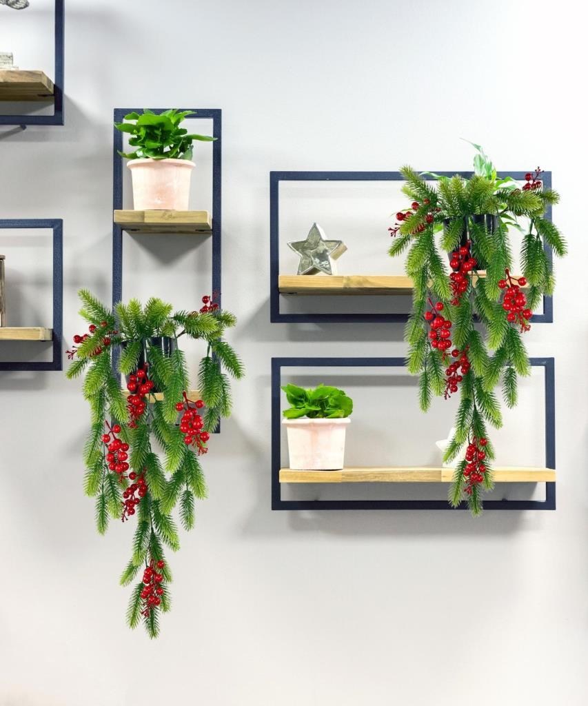 Yapay Çiçek Saksıda Sarkan Kokina Yılbaşı Çiçeği Red Berry 60cm