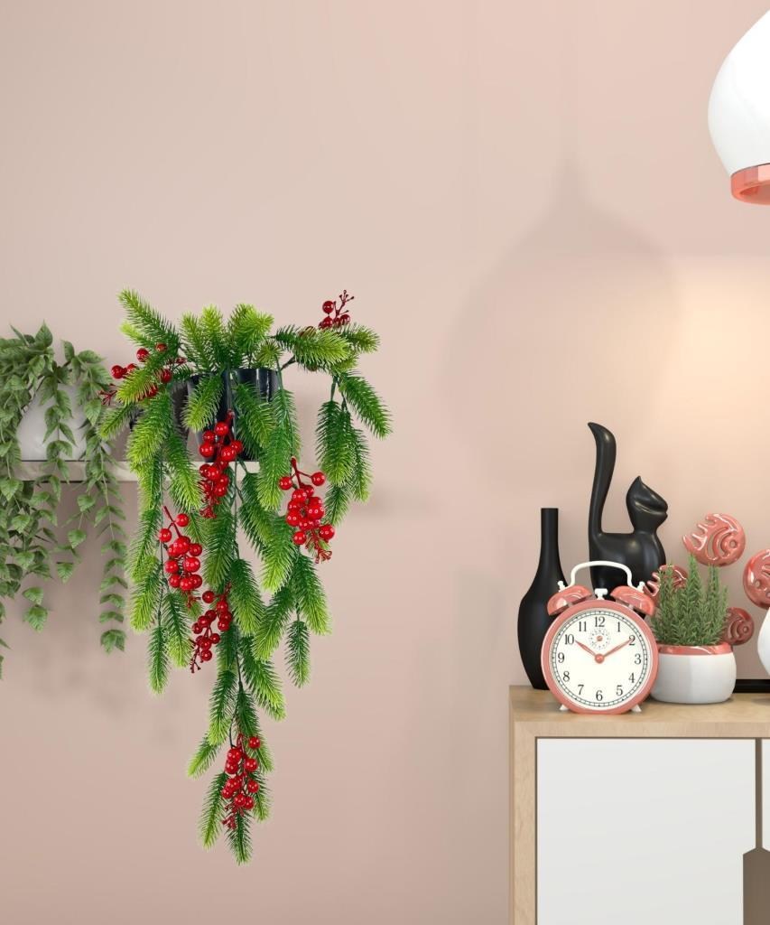 Yapay Çiçek Saksıda Sarkan Kokina Yılbaşı Çiçeği Red Berry 60cm