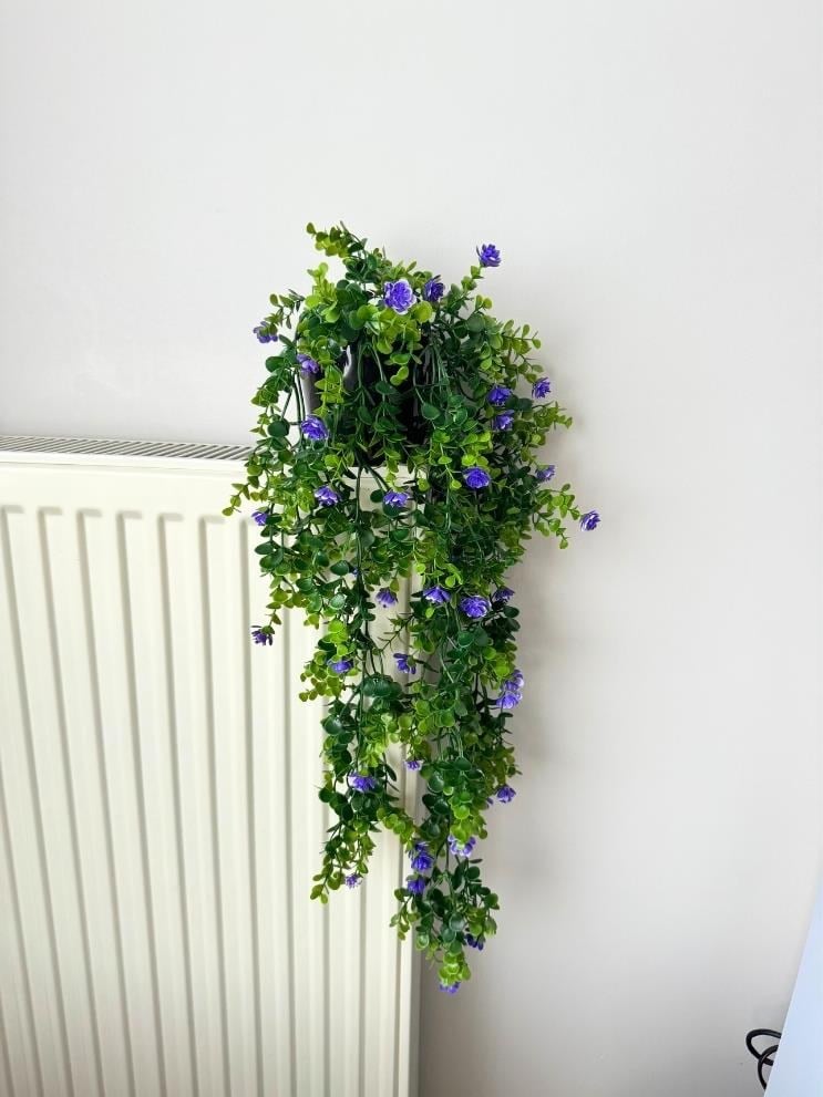 Yapay Çiçek Saksıda Sarkan Mor Mineli Şimşir Okaliptus Yapay Sarmaşık 60cm