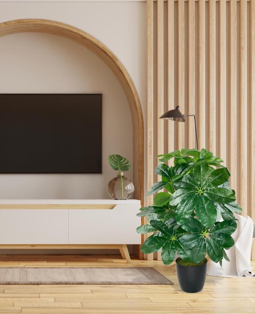 Yapay Çiçek Saksıda Şeflera Bitkisi 18Dal 75cm Salon Çiçeği Yapay Bitki Pachira Macrocarpa
