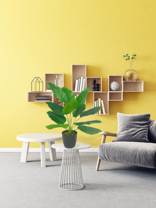 Yapay Çiçek Saksıda Yeşil Muz Yapraklı 12Dal 45cm Salon Çiçeği Yapay Bitki