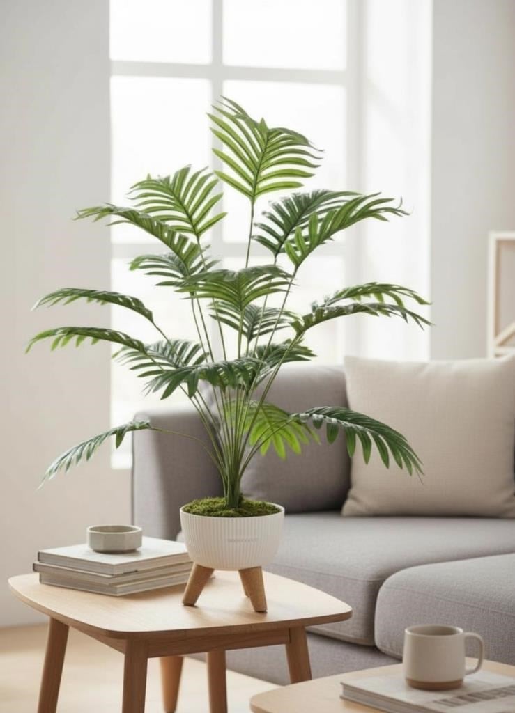 Yapay Çiçek Salon Bitkisi Areka 80cm 18 Yaprak Beyaz Zigon Saksıda
