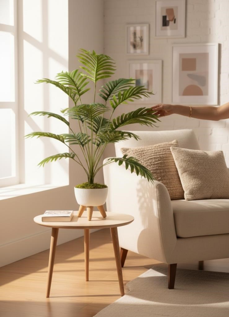Yapay Çiçek Salon Bitkisi Areka 80cm 18 Yaprak Beyaz Zigon Saksıda
