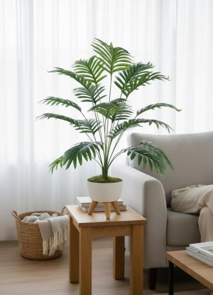 Yapay Çiçek Salon Bitkisi Areka 80cm 18 Yaprak Beyaz Zigon Saksıda