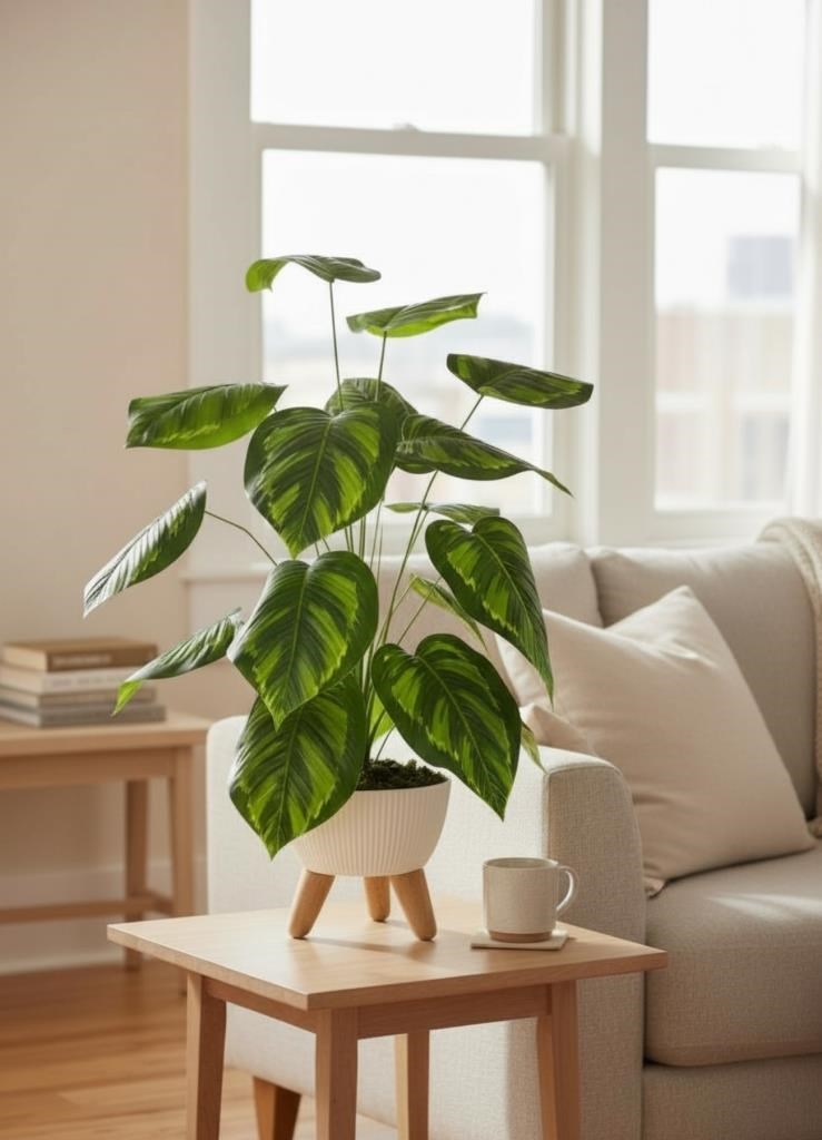 Yapay Çiçek Salon Bitkisi Difenbahya 70cm 18 Yaprak Beyaz Zigon Saksıda