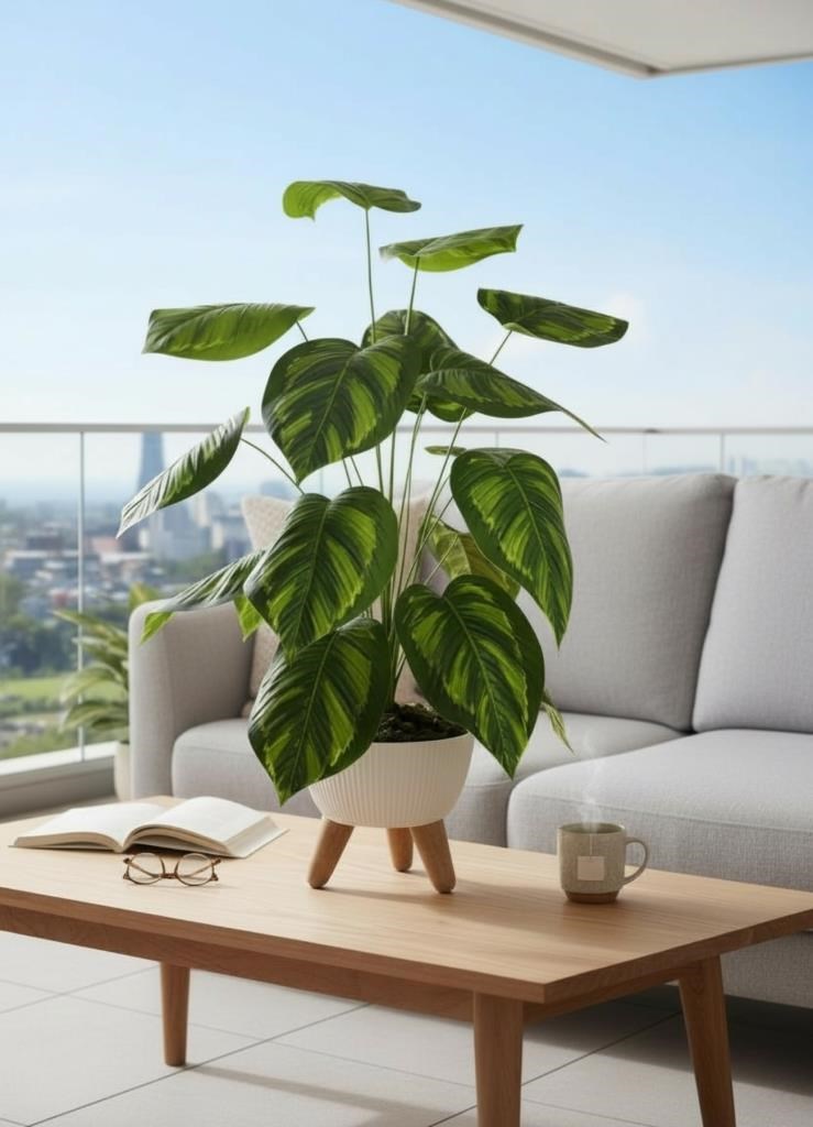 Yapay Çiçek Salon Bitkisi Difenbahya 70cm 18 Yaprak Beyaz Zigon Saksıda