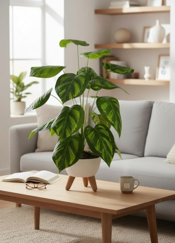 Yapay Çiçek Salon Bitkisi Difenbahya 70cm 18 Yaprak Beyaz Zigon Saksıda