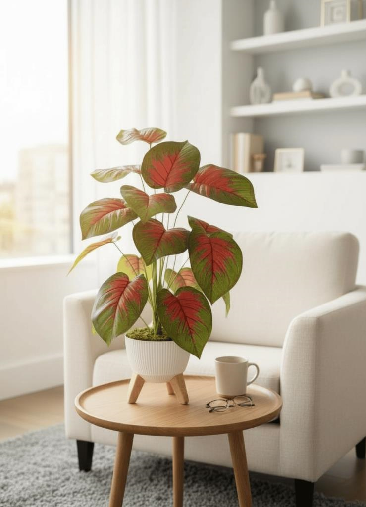 Yapay Çiçek Salon Bitkisi Kızıl Difenbahya 70cm 18 Yaprak Beyaz Zigon Saksıda