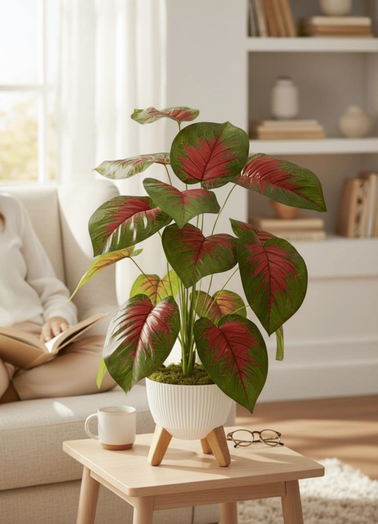Yapay Çiçek Salon Bitkisi Kızıl Difenbahya 70cm 18 Yaprak Beyaz Zigon Saksıda
