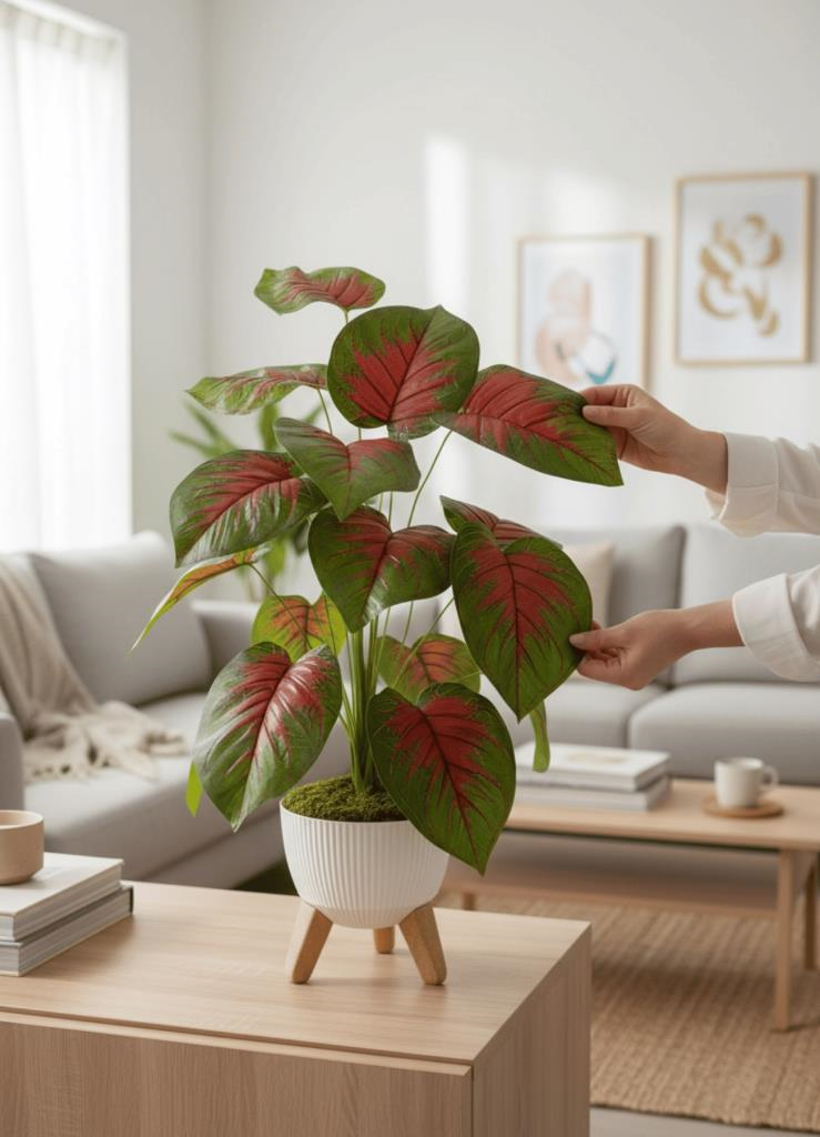 Yapay Çiçek Salon Bitkisi Kızıl Difenbahya 70cm 18 Yaprak Beyaz Zigon Saksıda
