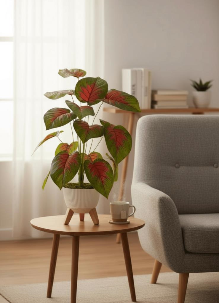 Yapay Çiçek Salon Bitkisi Kızıl Difenbahya 70cm 18 Yaprak Beyaz Zigon Saksıda