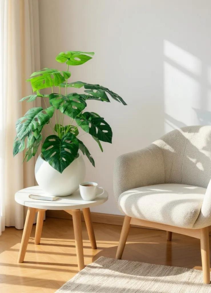 Yapay Çiçek Salon Bitkisi Monstera 70cm 18 Yaprak Beyaz Küre Saksıda