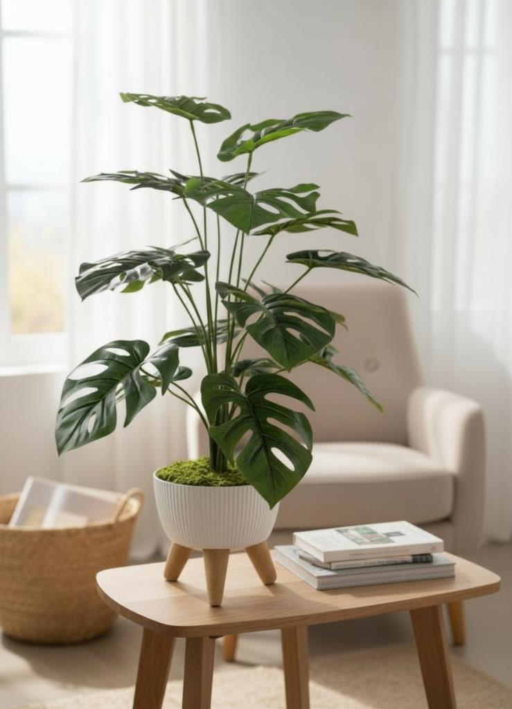 Yapay Çiçek Salon Bitkisi Monstera 70cm 18 Yaprak Beyaz Zigon Saksıda