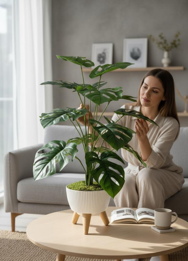 Yapay Çiçek Salon Bitkisi Monstera 70cm 18 Yaprak Beyaz Zigon Saksıda