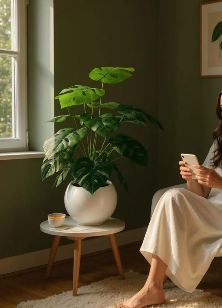 Yapay Çiçek Salon Bitkisi Monstera 70cm 18 Yaprak Beyaz Küre Saksıda