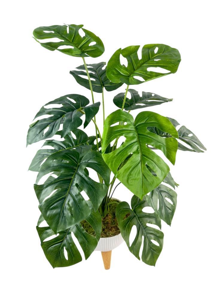 Yapay Çiçek Salon Bitkisi Monstera 70cm 18 Yaprak Beyaz Zigon Saksıda