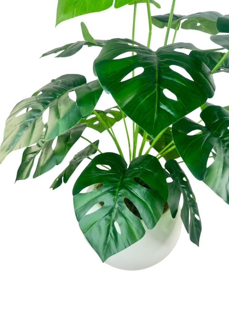 Yapay Çiçek Salon Bitkisi Monstera 70cm 18 Yaprak Beyaz Küre Saksıda