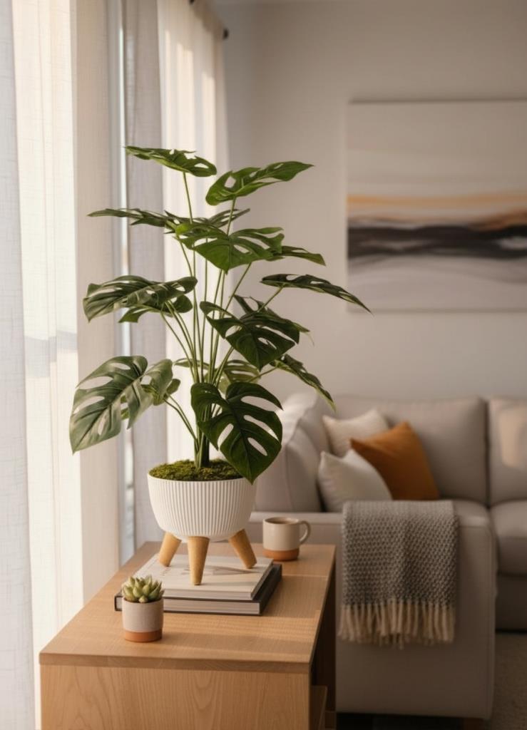 Yapay Çiçek Salon Bitkisi Monstera 70cm 18 Yaprak Beyaz Zigon Saksıda