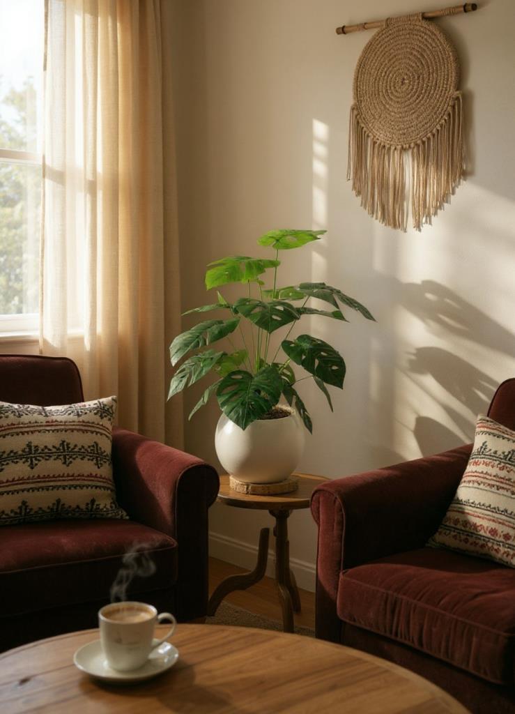Yapay Çiçek Salon Bitkisi Monstera 70cm 18 Yaprak Beyaz Küre Saksıda