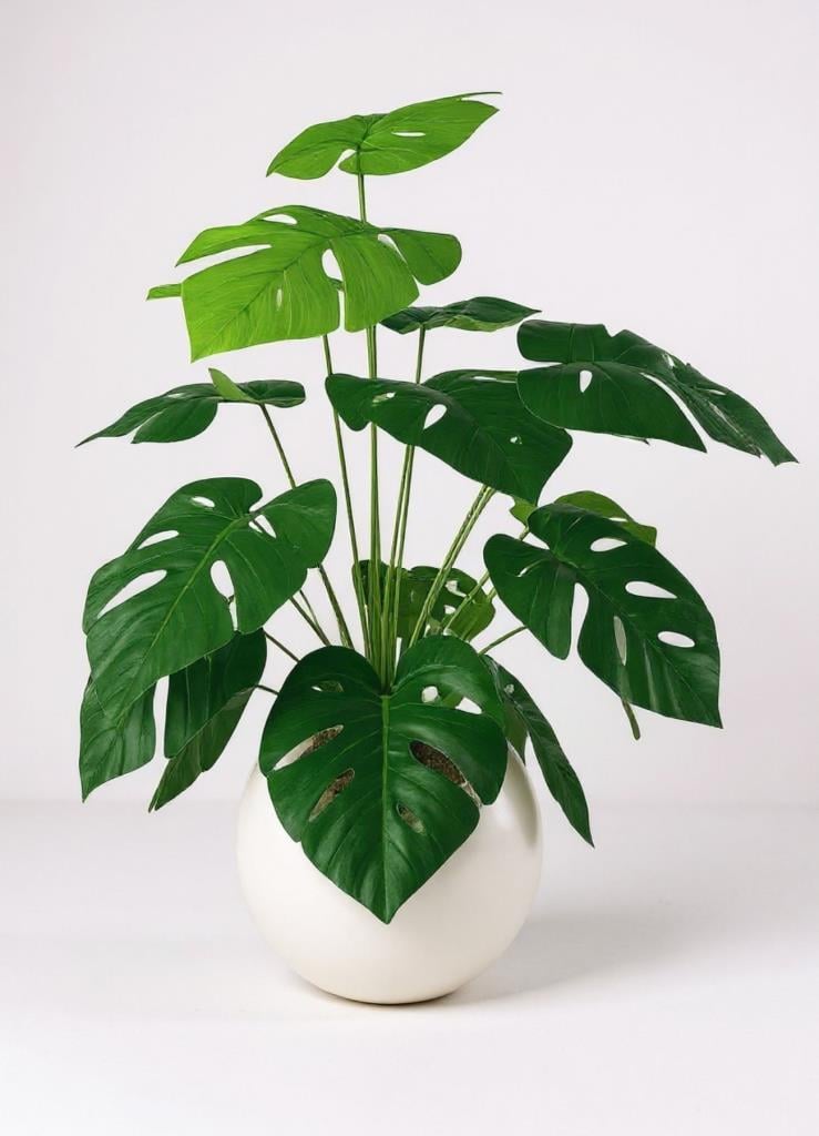 Yapay Çiçek Salon Bitkisi Monstera 70cm 18 Yaprak Beyaz Küre Saksıda