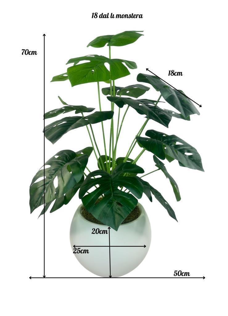 Yapay Çiçek Salon Bitkisi Monstera 70cm 18 Yaprak Beyaz Küre Saksıda