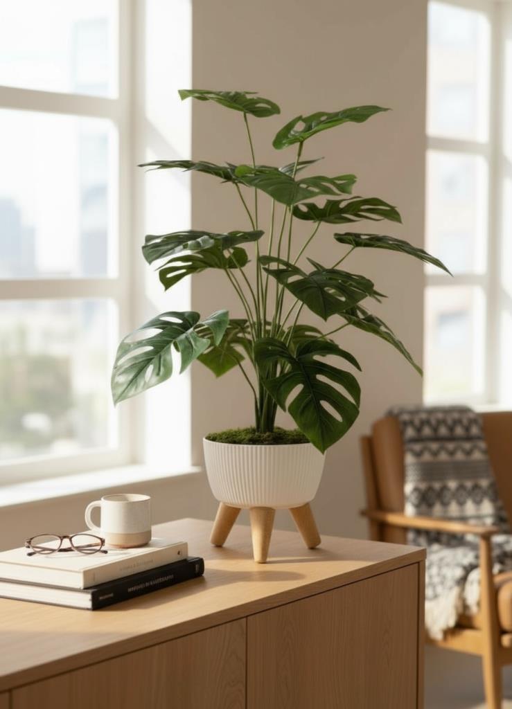 Yapay Çiçek Salon Bitkisi Monstera 70cm 18 Yaprak Beyaz Zigon Saksıda