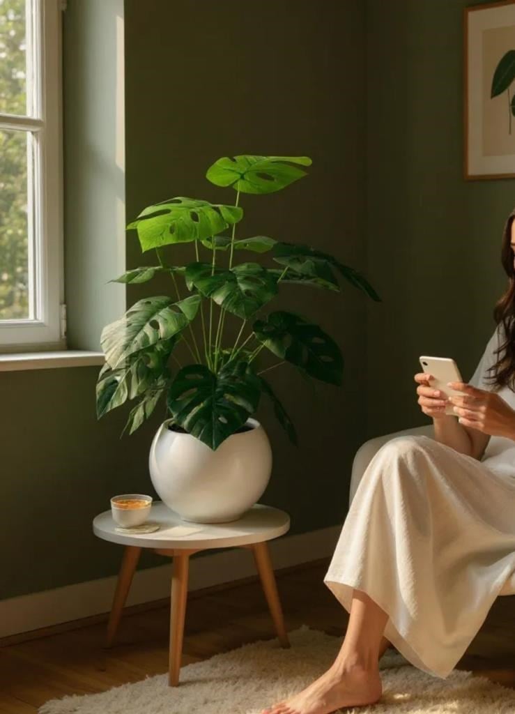 Yapay Çiçek Salon Bitkisi Monstera 70cm 18 Yaprak Beyaz Küre Saksıda