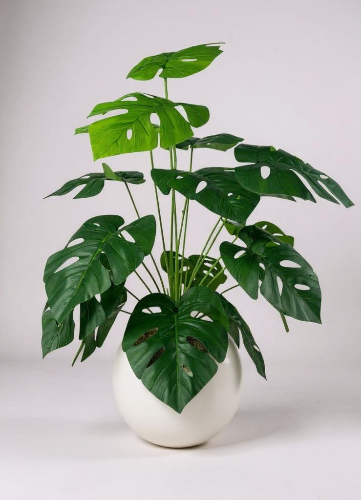 Yapay Çiçek Salon Bitkisi Monstera 70cm 18 Yaprak Beyaz Küre Saksıda