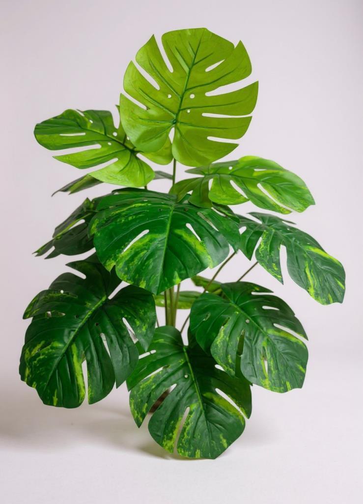 Yapay Çiçek Salon Bitkisi Monstera Tropik Desenli  70cm 18 Yaprak Antrasit Krem Saksıda