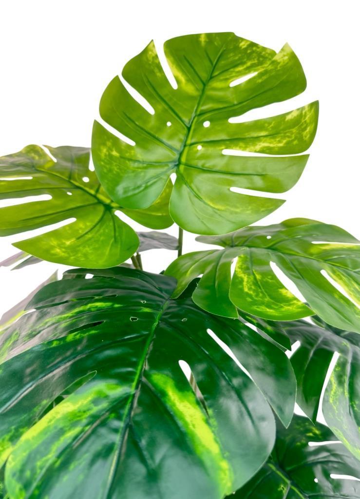 Yapay Çiçek Salon Bitkisi Monstera Tropik Desenli  70cm 18 Yaprak Antrasit Krem Saksıda
