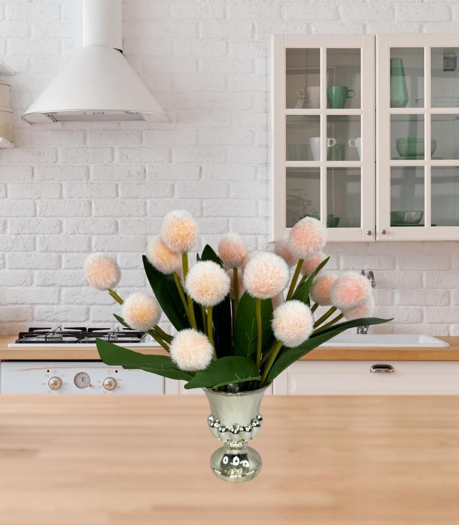 Yapay Çiçek Şampanya Rengi Pompon Çiçeği Dekoratif Yapay Çiçek 7 Toplu 30*20cm