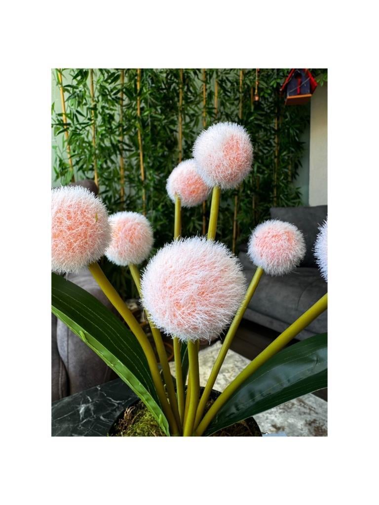 Yapay Çiçek Şampanya Rengi Pompon Siyah Saksıda Dekoratif Yapay Çiçek 30*20cm