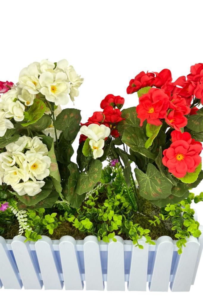 Yapay Çiçek Sardunya Çiçekleri Beyaz Çit Saksıda Küpeşte Askılı Balkon Çiçeği Çiçek Sepeti