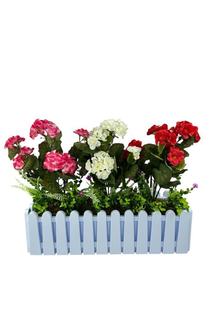 Yapay Çiçek Sardunya Çiçekleri Beyaz Çit Saksıda Küpeşte Askılı Balkon Çiçeği Çiçek Sepeti