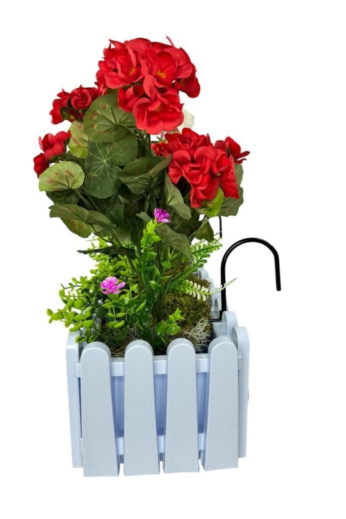 Yapay Çiçek Sardunya Çiçekleri Beyaz Çit Saksıda Küpeşte Askılı Balkon Çiçeği Çiçek Sepeti