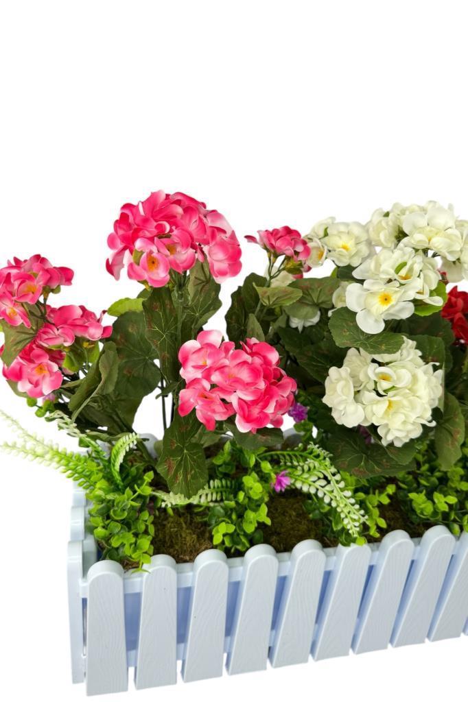 Yapay Çiçek Sardunya Çiçekleri Beyaz Çit Saksıda Küpeşte Askılı Balkon Çiçeği Çiçek Sepeti