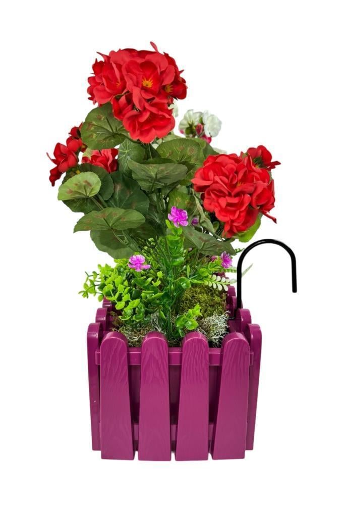 Yapay Çiçek Sardunya Çiçekleri Mor Çit Saksıda Küpeşte Askılı Balkon Çiçeği Çiçek Sepeti