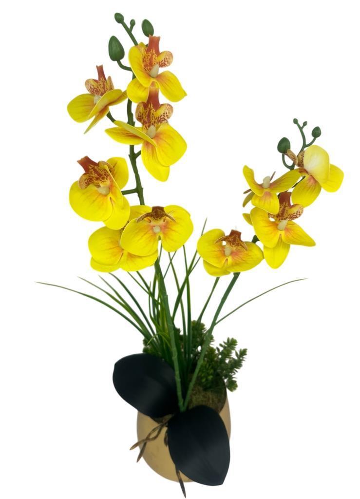 Yapay Çiçek Sarı Islak Orkide Gold Metal Saksıda Saksıda Orkide 50cm