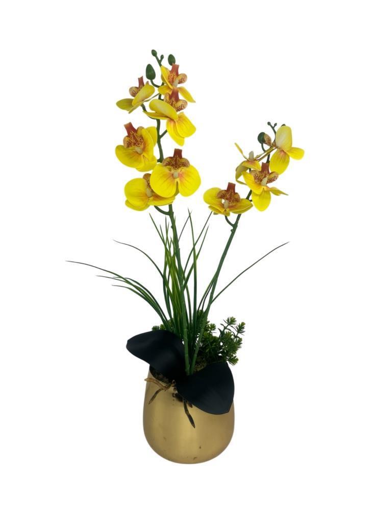 Yapay Çiçek Sarı Islak Orkide Gold Metal Saksıda Saksıda Orkide 50cm