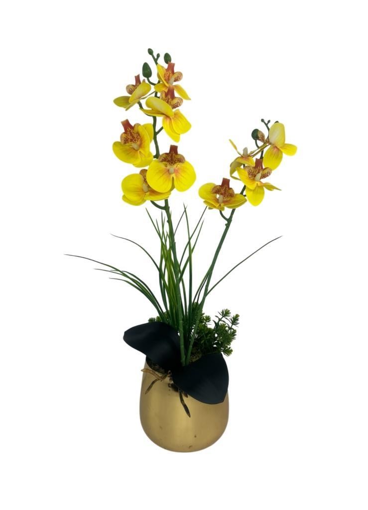 Yapay Çiçek Sarı Islak Orkide Gold Metal Saksıda Saksıda Orkide 50cm