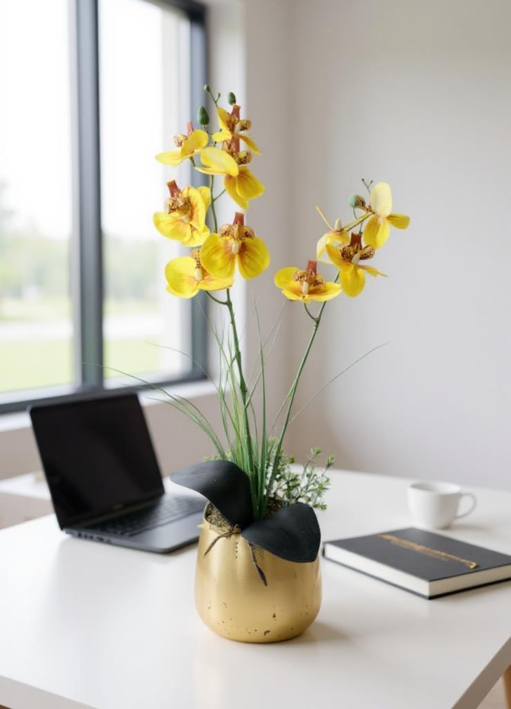 Yapay Çiçek Sarı Islak Orkide Gold Metal Saksıda Saksıda Orkide 50cm