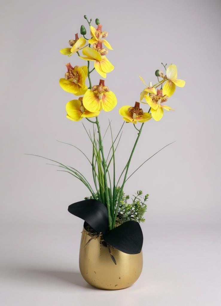 Yapay Çiçek Sarı Islak Orkide Gold Metal Saksıda Saksıda Orkide 50cm
