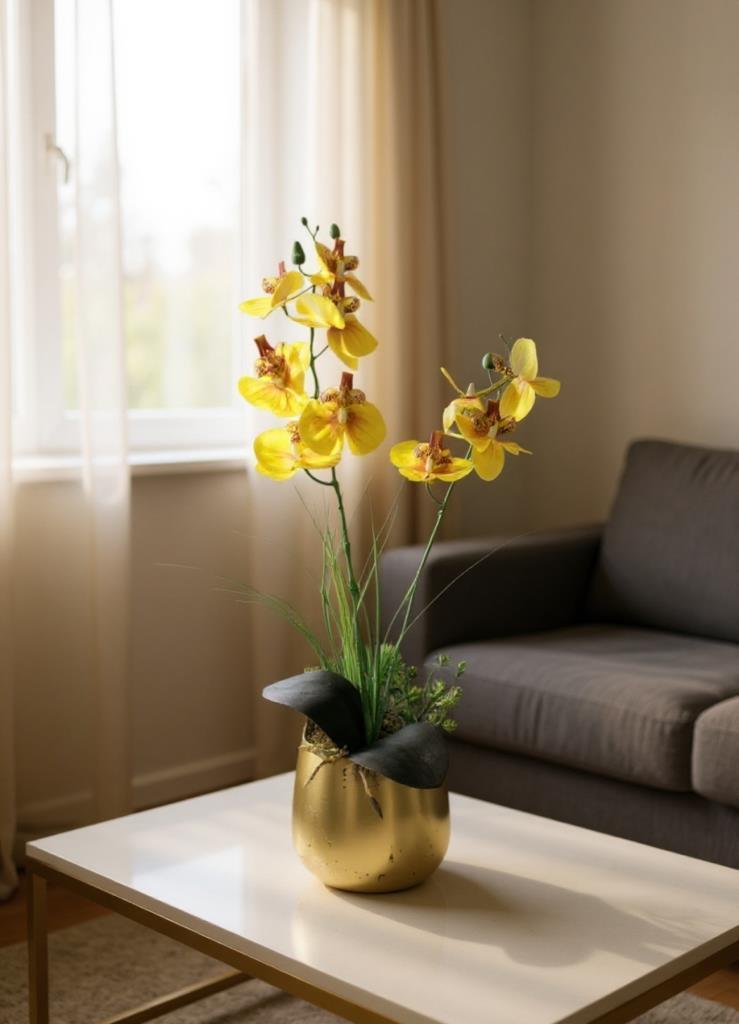 Yapay Çiçek Sarı Islak Orkide Gold Metal Saksıda Saksıda Orkide 50cm