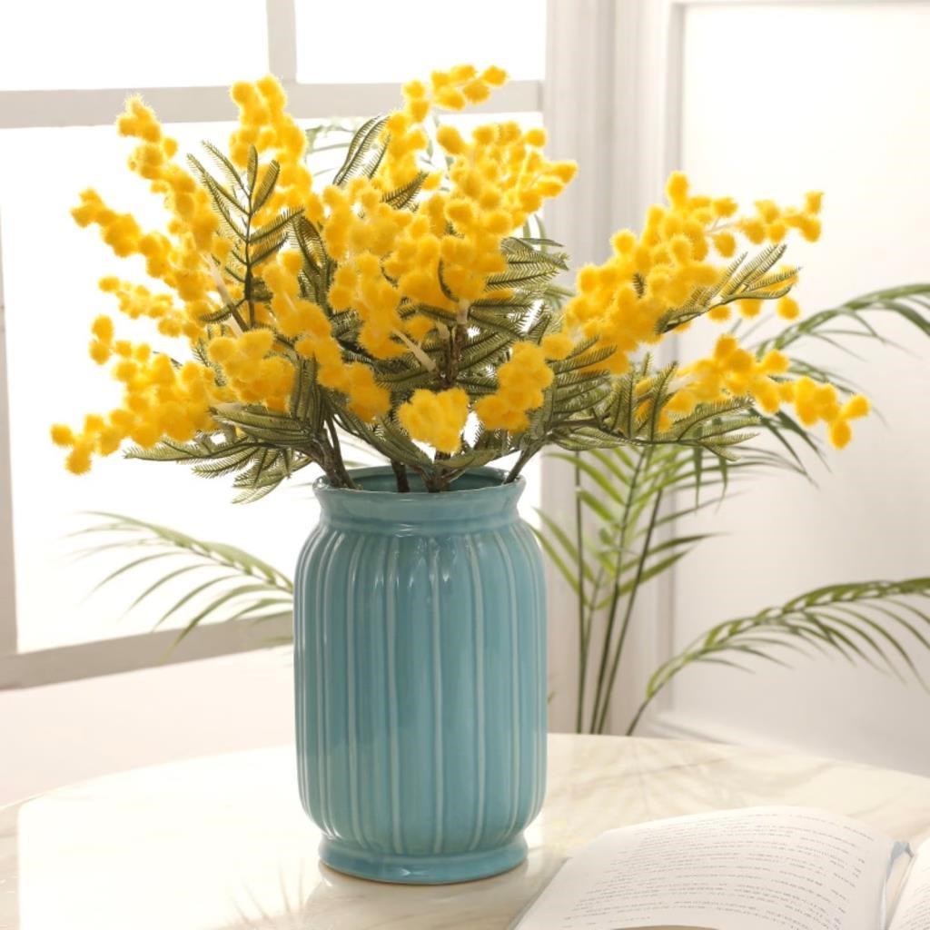 Yapay Çiçek Sarı Mimoza Demeti 5 Dallı 38cm Mimosa Yapay Bitki 