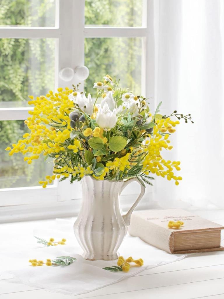 Yapay Çiçek Sarı Mimoza Demeti 5 Dallı 38cm Mimosa Yapay Bitki 